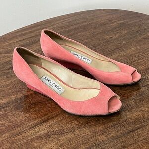 Jimmy Choo pink suede and patent peep-toe mini wedges size 37 (US 6)